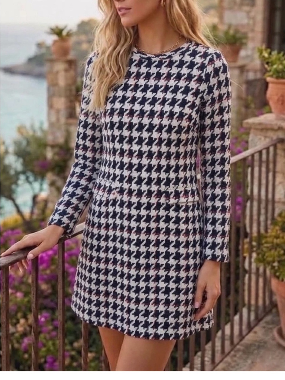 Boden Sixties Jacquard Houndstooth Long-Sleeve Tunic Dress